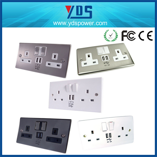 N Rang Screwless Stainless Steel Metal Plate Finish Wall Switch Socket, 13A 2 Gang Switched Socket+3.1A USB Outlet