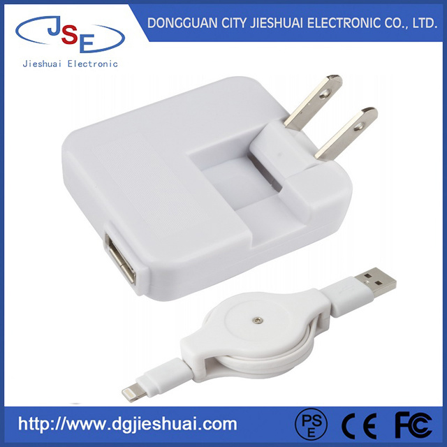Us Plug AC USB Wall Charger with Retractable Cables for Android and Apple Devices