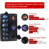 6 Gang 12V 24V Red LED Rocker Switch Panel Circuit Breakers Charger for Boat Marine